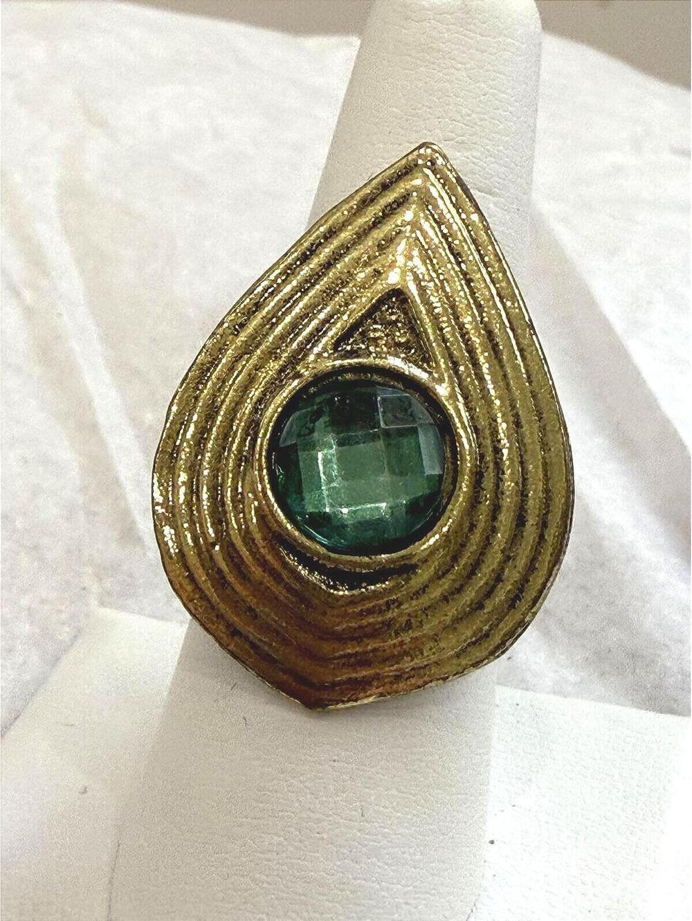 Vintage Gold Tone Teardrop Ring with Green Faceted Stone Adjustable